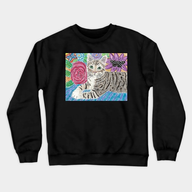 Cute Tabby cat flowers butterflies Crewneck Sweatshirt by SamsArtworks